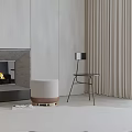 Modern Interior With Stylish Leisure Chair Metal Frame And Round Stool By Fireplace