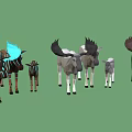 Group of Moose with Various Sizes Different Colors and Yellow Dark Antlers on Green Background