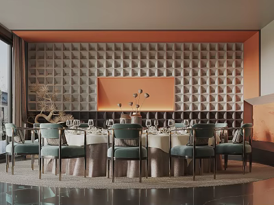 Elegant Private Dining Booth With Geometric Walls And Green Chairs 3d model