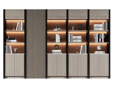Modern Wooden Bookshelf With Cabinets Layered Shelves Books And Decorative Lighting 3d model