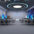 School Modern Technology Classroom with Blue Multimedia Screens Hexagonal Ceiling and Desks