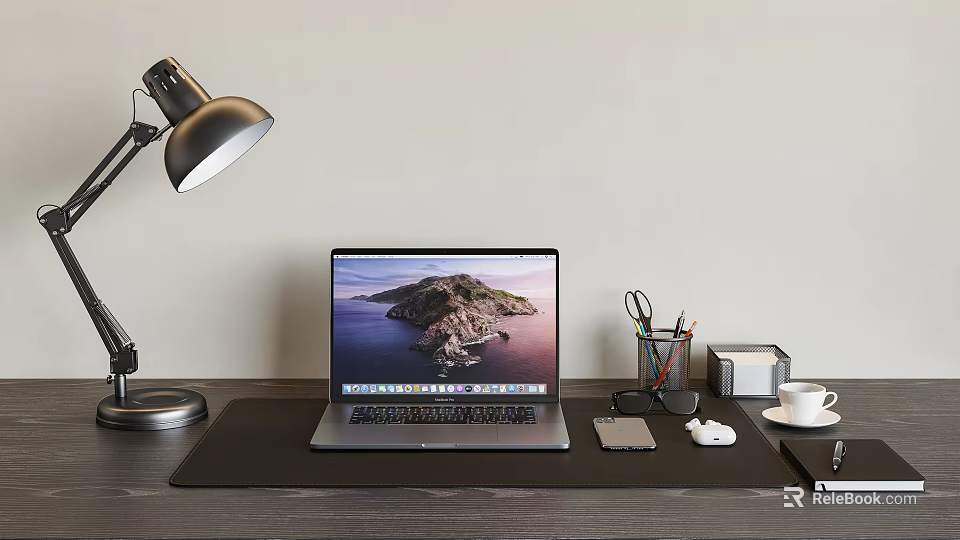 Modern Laptop On Office Desk With Scenic Screen Desk Lamp Stationery And Coffee Cup 3d model 