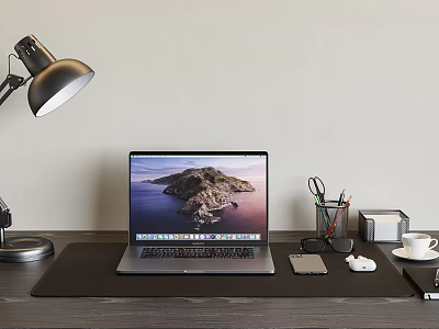Modern Laptop On Office Desk With Scenic Screen Desk Lamp Stationery And Coffee Cup 3d model