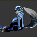 Sitting Anthropomorphic Fox Like Creature In Blue Outfit With White Fur And Glowing Tail