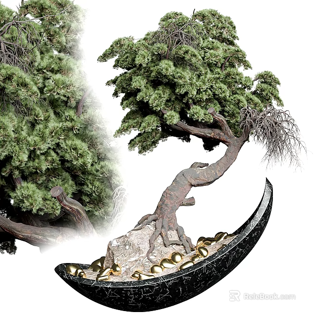 Artistic Pine Bonsai Tree With Curved Trunk Exposed Roots And Golden Pebbles In Black Pot 3d model 