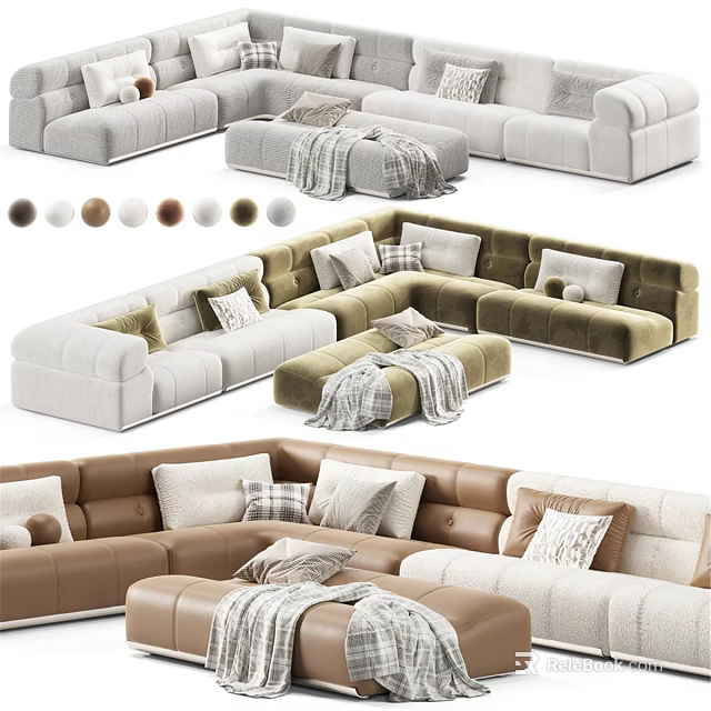 Comfortable Modern Sectional Sofa in Various Colors with Cushions and Ottoman 3d model 