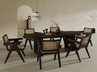 Minimalist Dining Table Set With Dark Wooden Table Rattan Chairs Arched Wall And Pendant Light 3d model