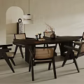Minimalist Dining Table Set With Dark Wooden Table Rattan Chairs Arched Wall And Pendant Light
