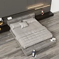 Modern Double Bed with Gray Bedding LED Strip Lights on Wooden Floor and Decorative Items