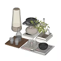 Elegant Decorative Ornament Set With Table Lamp Green Plant Textured Vase Books Trays And Glassware
