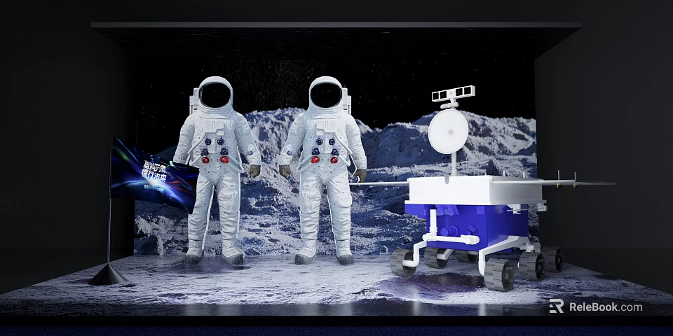 Two Astronauts Standing On Moon Surface With Blue Exploration Equipment And Space Background 3d model 