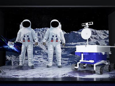 Two Astronauts Standing On Moon Surface With Blue Exploration Equipment And Space Background 3d model