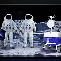 Two Astronauts Standing On Moon Surface With Blue Exploration Equipment And Space Background