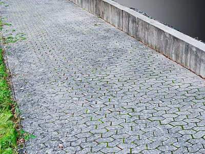 Cobblestone Ground With Green Moss Growing Between Gaps And Concrete Wall Near Water 3d model