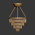 Golden Chandelier Featuring Round Base With Chains And Circular Frame Hanging Slender Decorative Strips