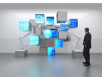 Businessman Observing Computer Data Visualization On Blue Screen Cubes With Robotic Arms 3d model