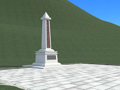 White Obelisk Structure With Pointed Top And Red Decorations On Green Hillside Paved Square 3d model