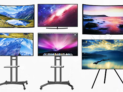 Multiple Televisions With Wheeled And Tripod Stands Displaying Natural Scenery Displays 3d model