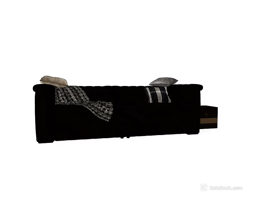 Modern Black Two Seater Sofa With Striped Pillows And Knitted Blanket 3d model