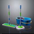 Blue Cleaning Bucket With Strainer And Flat Mop Featuring Green White Handle 3d model