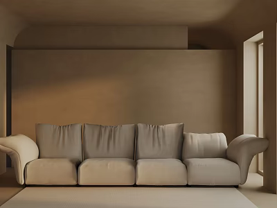 Neutral Beige Three-Seater Sofa Interior With Soft Cushions And Natural Light 3d model