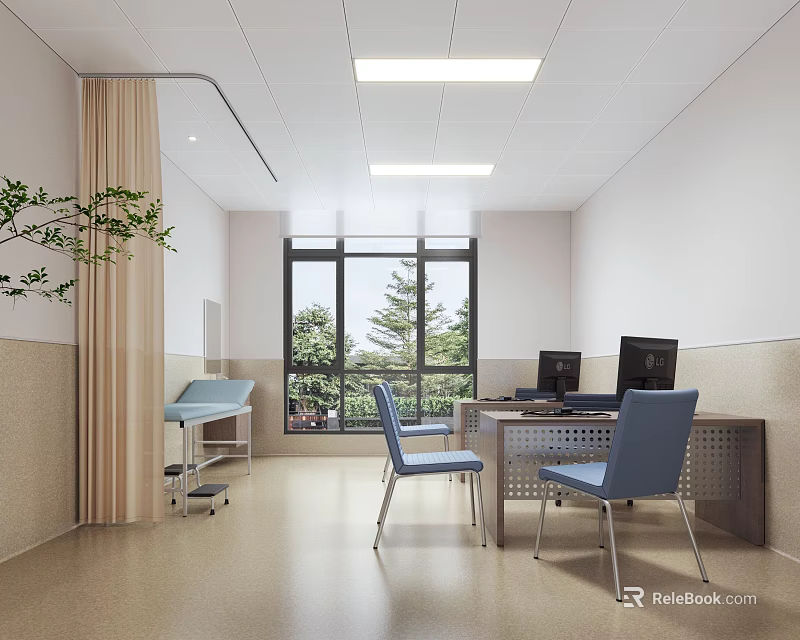Modern Clean Hospital Outpatient Clinic with Blue Chairs Computers Examination Bed and Trees Outside Window 3d model 