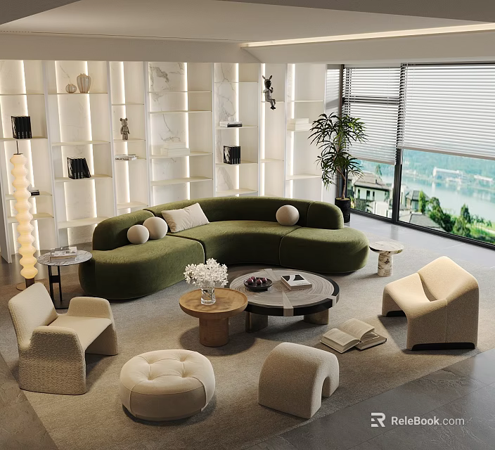 Elegant Modern Curved Green Sofa And Coffee Table Set With Throw Pillows And Accent Chairs 3d model 