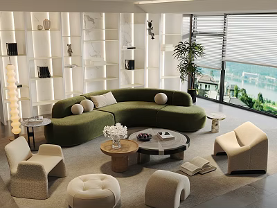 Elegant Modern Curved Green Sofa And Coffee Table Set With Throw Pillows And Accent Chairs 3d model