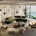 Elegant Modern Curved Green Sofa And Coffee Table Set With Throw Pillows And Accent Chairs