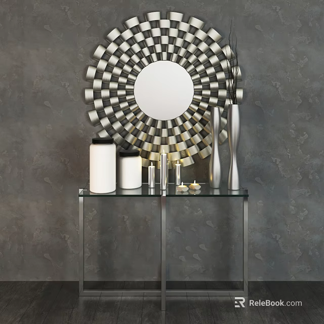 Modern Console Table With Glass Top Metal Frame Circular Mirror And Decorative Items On Gray Wall 3d model 