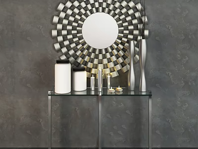 Modern Console Table With Glass Top Metal Frame Circular Mirror And Decorative Items On Gray Wall 3d model