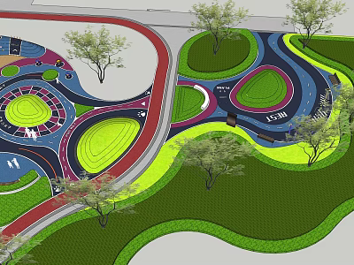 Colorful Children's Play Area Design With Curved Paths Green Lawns And Trees 3d model