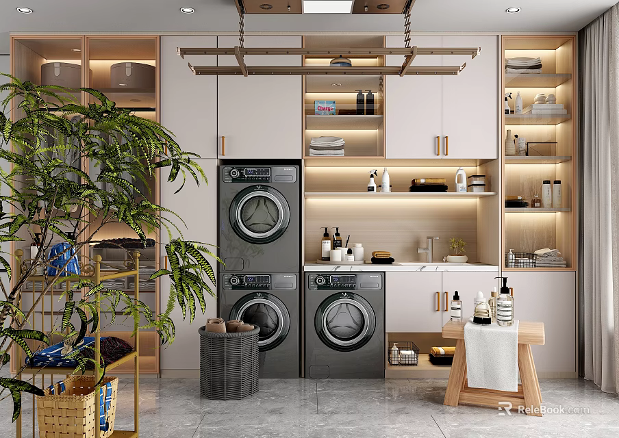 Modern Laundry Room With Black Washing Machines Dryers Cabinets Shelves And Green Plant 3d model 