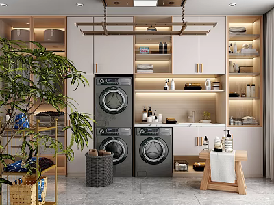 Modern Laundry Room With Black Washing Machines Dryers Cabinets Shelves And Green Plant 3d model
