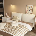 Double Bed With Upholstered Headboard Plaid Bedspread Knitted Blanket Pillows Wall Art And Pendant Lights