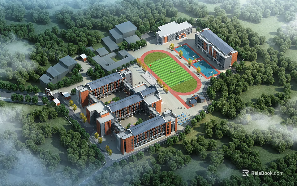 Modern School Buildings Featuring Sports Field Swimming Pool And Green Tree Surrounded Campus 3d model 