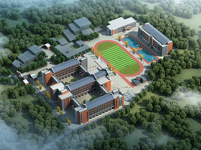 Modern School Buildings Featuring Sports Field Swimming Pool And Green Tree Surrounded Campus 3d model