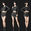 Woman In Black Top And Plaid Skirt With Black Boots Showing Different Poses