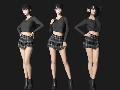 Woman In Black Top And Plaid Skirt With Black Boots Showing Different Poses 3d model