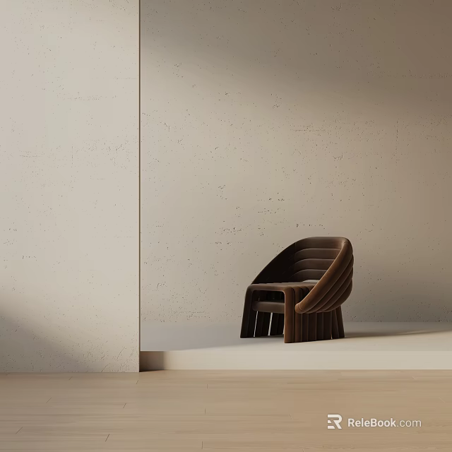 Modern Brown Lounge Chair With Striped Backrest In Minimalist Interior And Beige Wall 3d model 