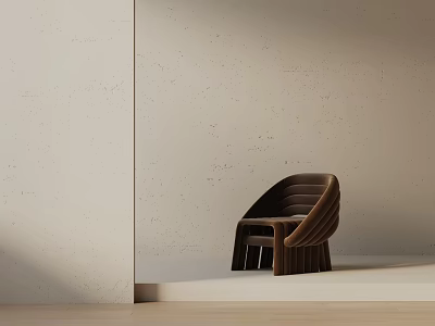 Modern Brown Lounge Chair With Striped Backrest In Minimalist Interior And Beige Wall 3d model