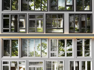 Casement Windows In Modern Multi Storey Building Exterior With Black White Frames And Green Trees 3d model