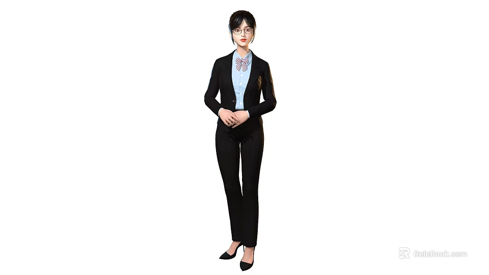 Woman in Black Suit With Blue Shirt And Black High Heels Standing 3d model 