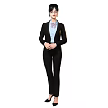 Woman in Black Suit With Blue Shirt And Black High Heels Standing