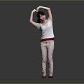 Woman Stretching Arms Overhead In White Polka Dot Top Beige Pants Red Belt Red Shoes