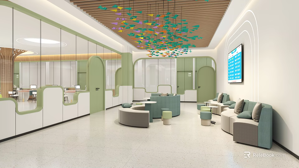 Modern Green And White Leisure Area With Colorful Pendant Lights Wooden Ceiling And Sofas 3d model 