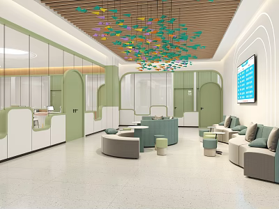 Modern Green And White Leisure Area With Colorful Pendant Lights Wooden Ceiling And Sofas 3d model
