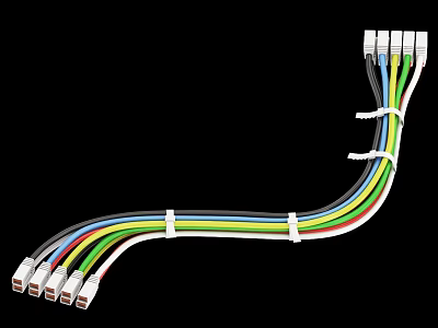 Colored Electrical Cable Harness With Multiple Connectors Secured By White Ties 3d model