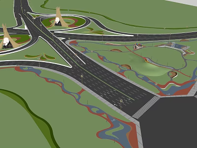 Park Landscape Design With Curved Roads Green Lawns Water Streams And Tall Structures 3d model