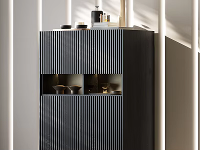 Black Entryway Cabinet Sideboard With Vertical Slat Design Open Compartments And Modern Minimalist Style 3d model
